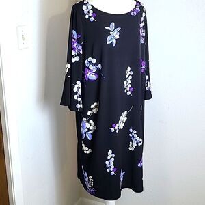 Roz & Ali Black Dress with Blue & Purple Floral, Bell Sleeves, Size 16